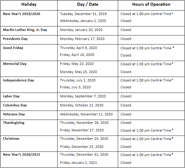 2020 MPF Holiday Schedule